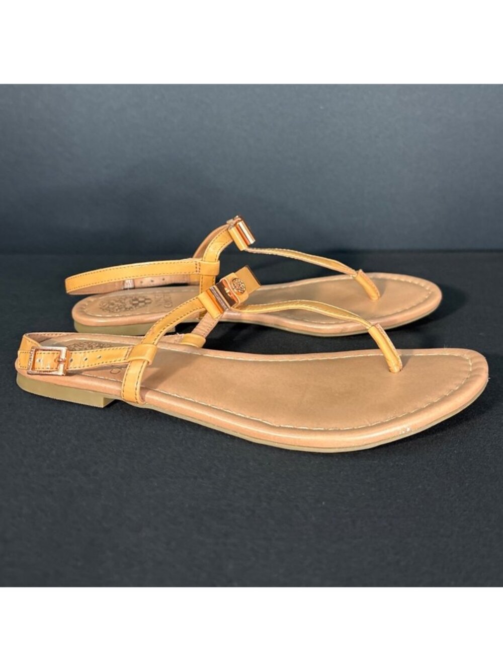 Vince Camuto “Malinda” Tan Thong Sandals Rose Gold Bow Accent Adjustable Straps - Picture 4 of 9
